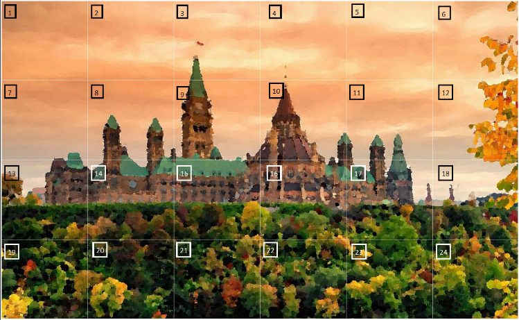Stylized image of the Parliament Buildings in Ottawa, divided into 24 blocks