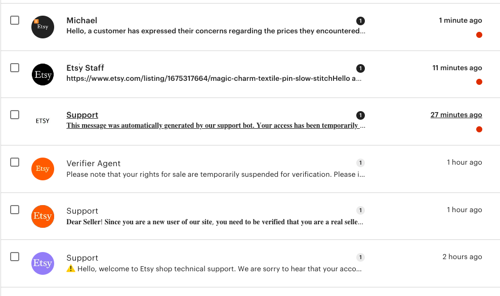 Screenshot of Etsy inbox with several spam messages