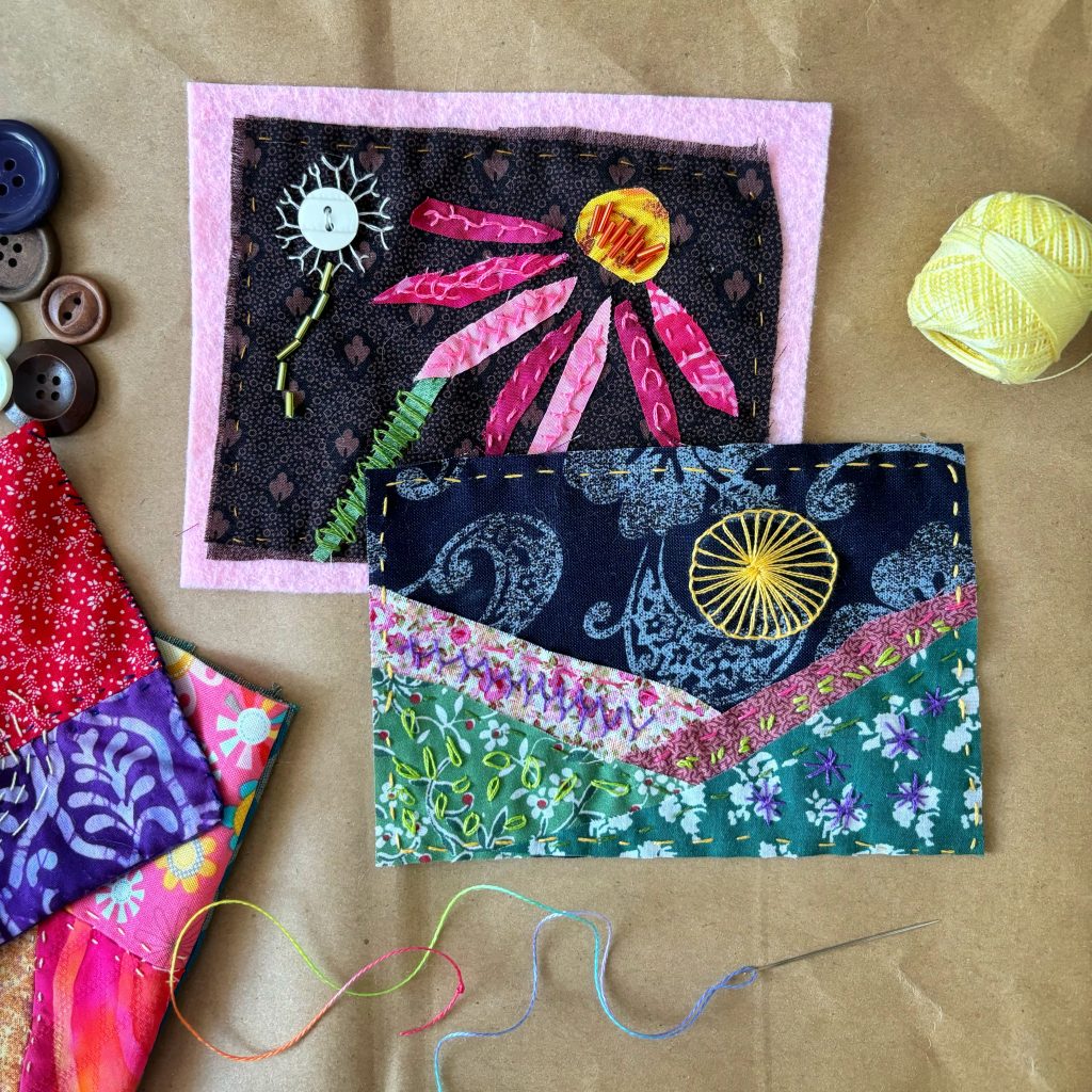 Two small fabric collages made of scraps, hand sewn with beads and buttons