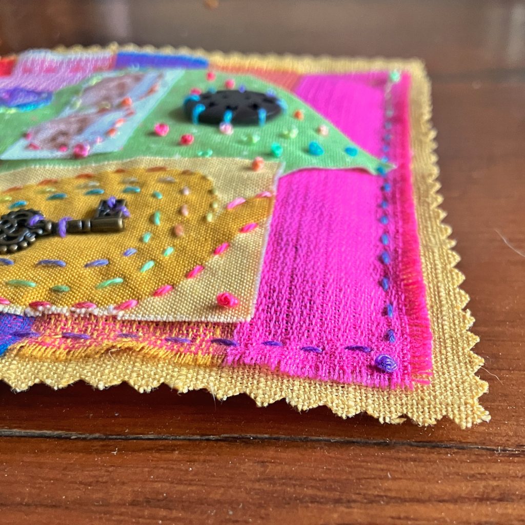 Slow stitching sachet with fabric scraps