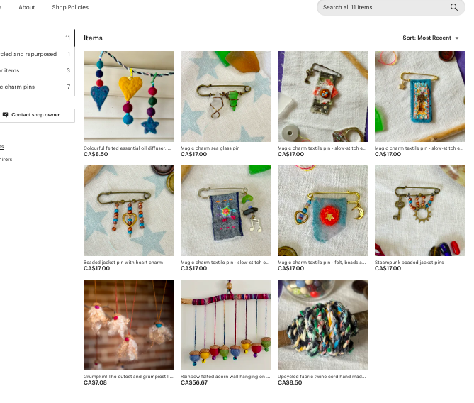Screen capture of the Curious Crone Etsy shop showing listings for pins, felted acorns, fabric twine and other items for sale