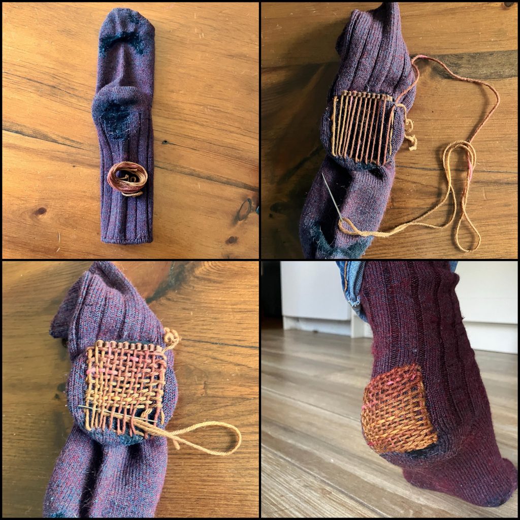 Four images show the process of needle weaving a patch over a hole in a sock using sock yarn.