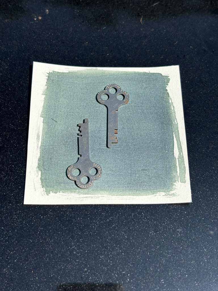 A dry cyanotype in progress, sitting in the sun with two keys on a paper painted with green-grey cyanotype solution