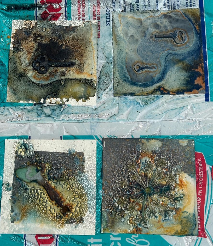 The wet cyanotypes showing considerable depth of colour, with deep rusty orange brown and vivid blue. You can see the moisture of the cyanotypes under the glass, and the swirls of the soap bubbles.