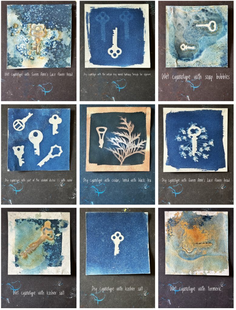 A collage of nine cyanotypes made with keys and various wet and dry cyanotype processes