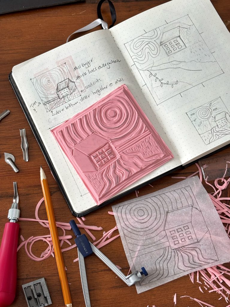 Three images showing the progression of making a drawing of Watson's Mill, carving the drawing and making a block print of it