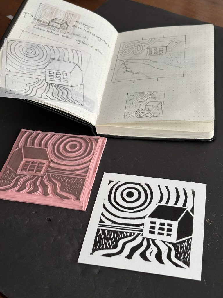 Three images showing the progression of making a drawing of Watson's Mill, carving the drawing and making a block print of it