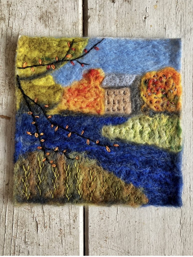 Needle felt and embroidery adaptation of the photo of Watson's Mill
