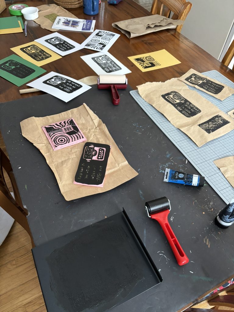 Block printing sketches and carved fonts and prints working on a meme of Be Patient With Me, I'm From the 1900s