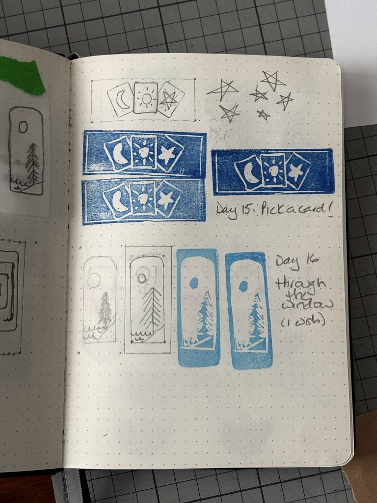 A notebook showing carved pink eraser stamps and the preliminary drawings and sketches