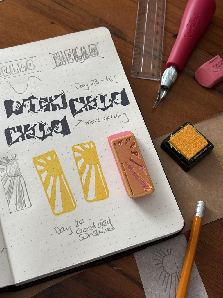 Carving and inking and printing stamps from pink erasers and exploring repeating patterns