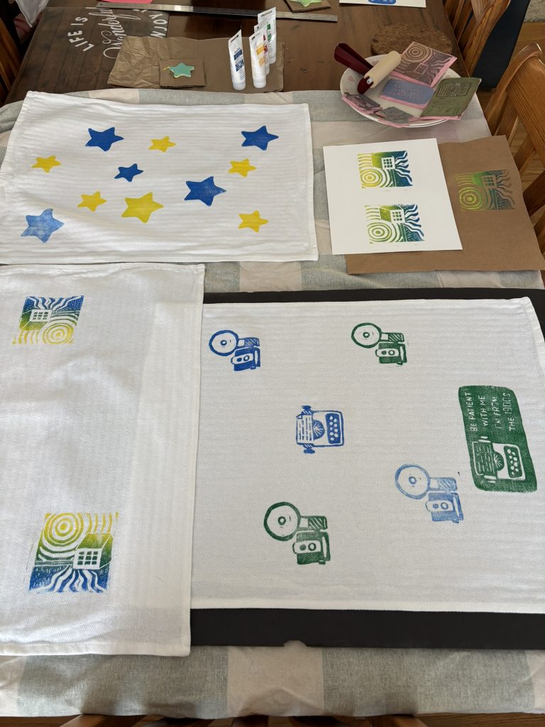 Block printing from stamps on fabric