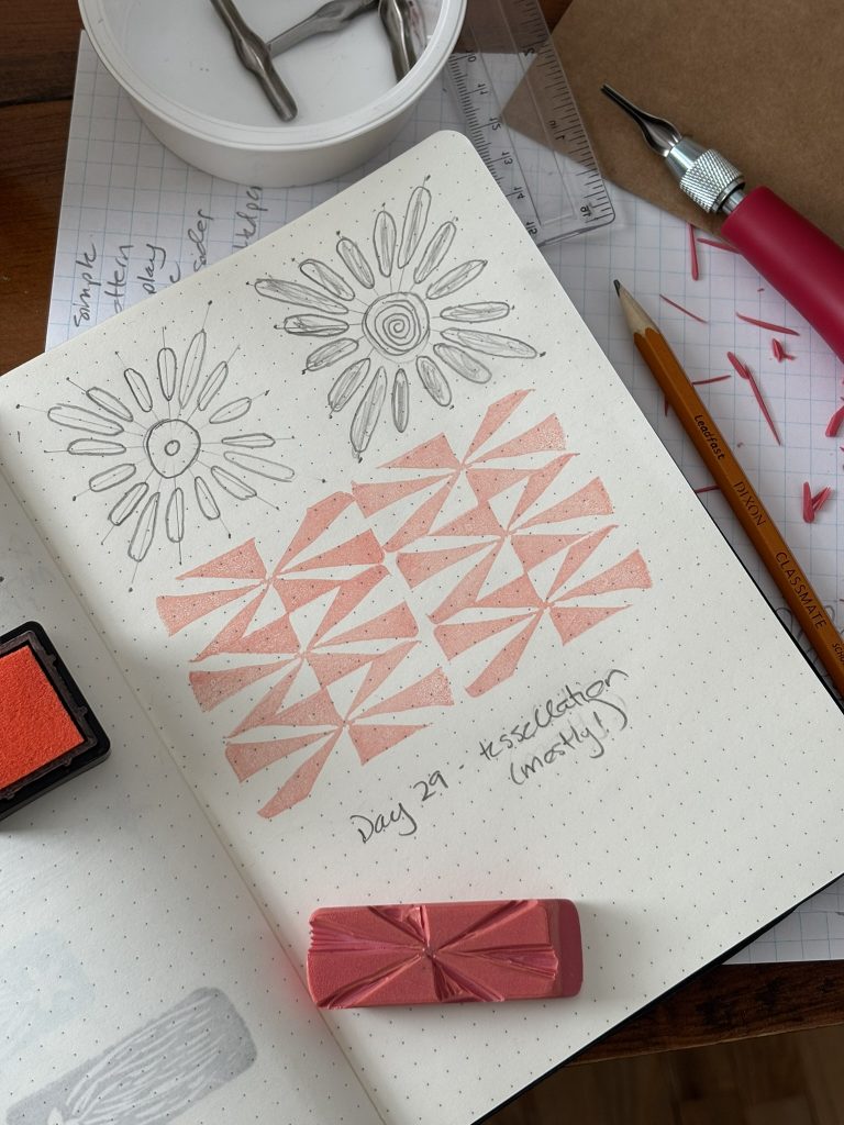 Carving and inking and printing stamps from pink erasers and exploring tessellations