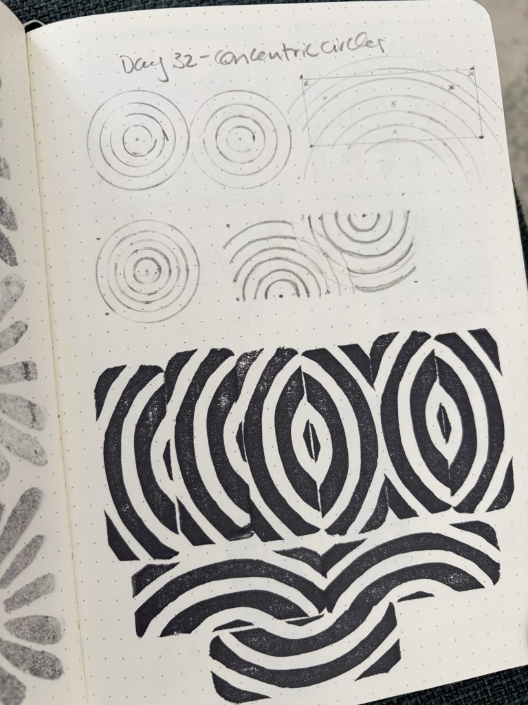 Carving and inking and printing stamps from pink erasers and exploring repeating patterns