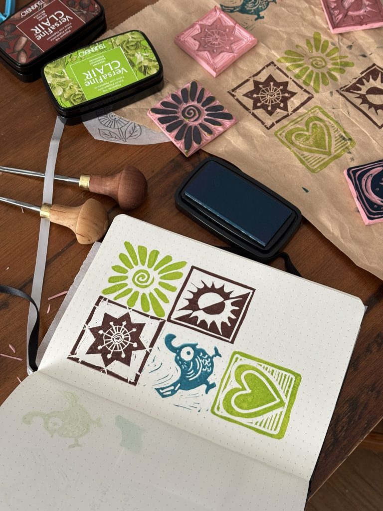 Playing with carving, inking and printing 2x2 inch linocut stamps